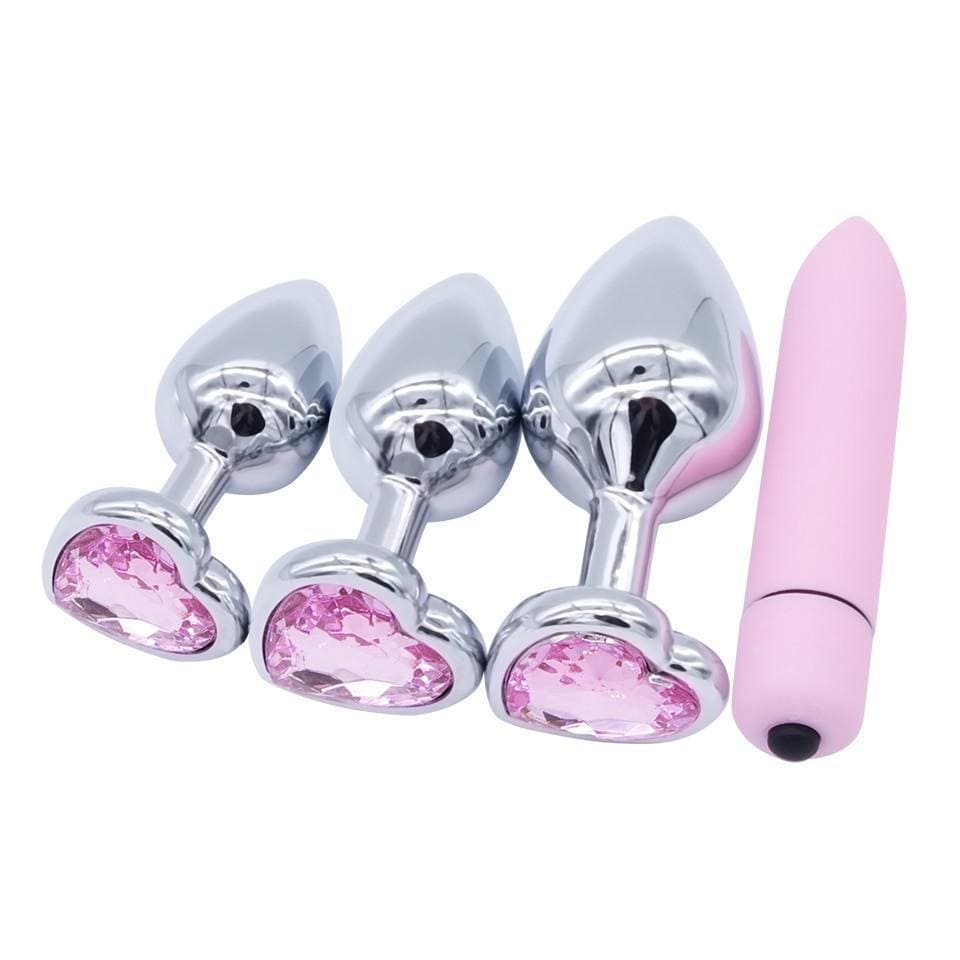 Three Piece Pastel Pink Heart Buttplug Set + 10 Speed Vibrator Three Piece Pastel Pink Heart Buttplug Set + 10 Speed Vibrator