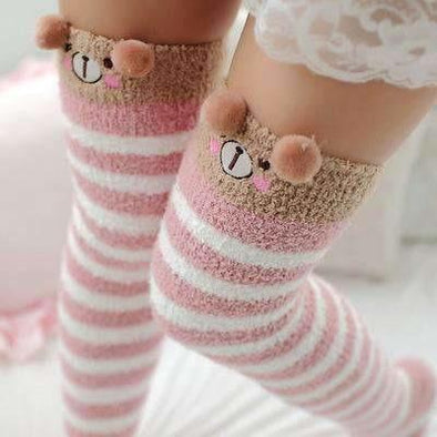 Bear Pink/White Striped Kawaii Thigh High Socks DDLGWorld socks