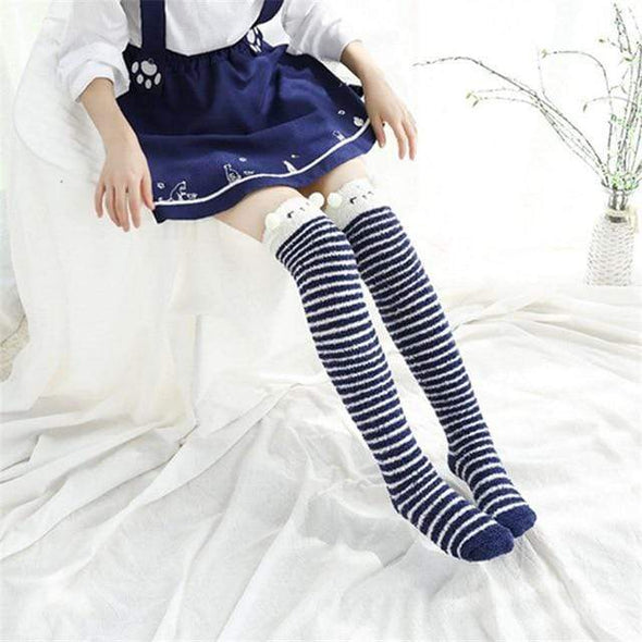 Blue Panda Striped Kawaii Thigh High Socks