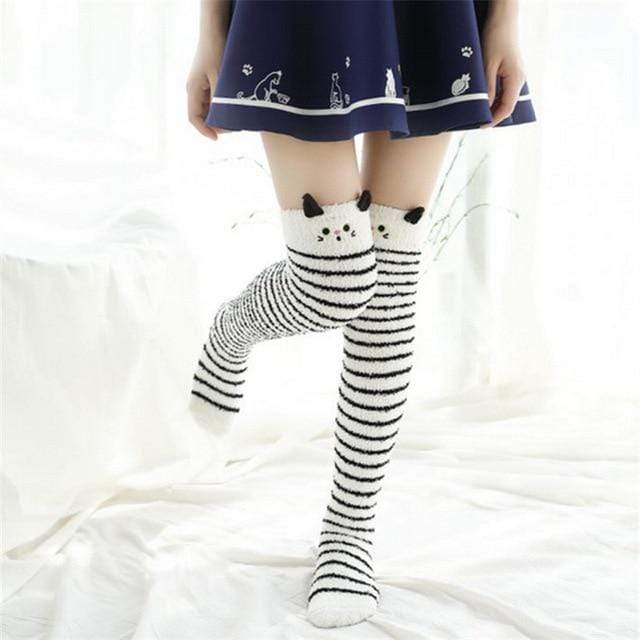 Kitten White/Black Striped Kawaii Thigh High Socks DDLGWorld socks