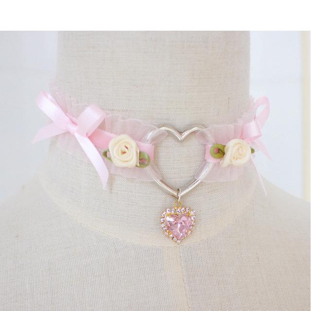 Lace Heart Pendant Choker (White/Pink/Black) DDLGWorld choker