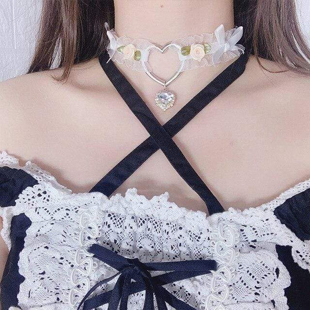 Lace Heart Pendant Choker (White/Pink/Black) DDLGWorld choker