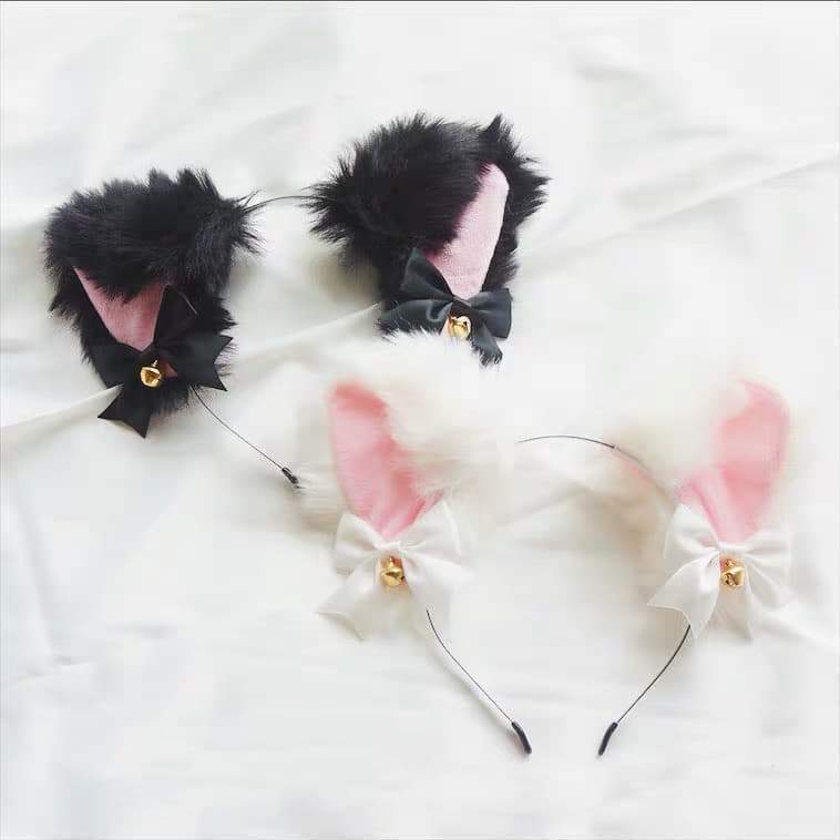 Plushy Kawaii Neko Kitten Ears w/Bow & Bell DDLGWorld neko ears