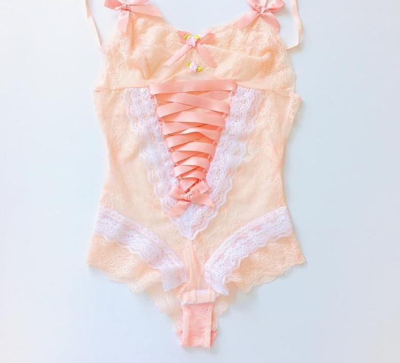 Satin Lace Lingerie Bodysuit (Peach/Black) DDLGWorld bodysuit