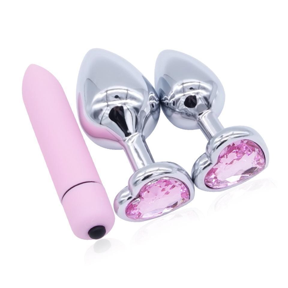 Three Piece Pastel Pink Heart Buttplug Set + 10 Speed Vibrator DDLGWorld buttplug